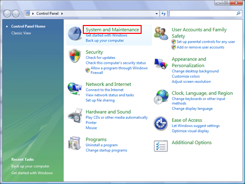 Click on [System and Maintenance]. Be sure to click on [System and Maintenance], not [Get start with Windows] or [Backup your computer].