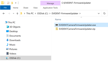 Open the local HDD/SDD folder, which contains the downloaded EVIDENT Camera Firmware Updater ZIP file in Windows Explorer. Extract the file.