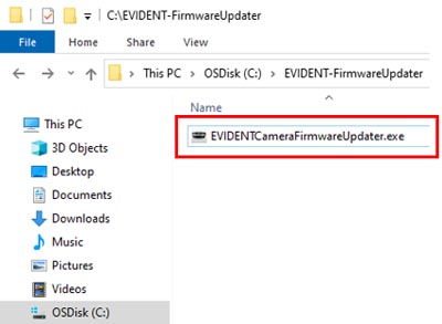 Open the local folder, which contains the downloaded “EVIDENT Camera Firmware Updater” in Windows Explorer