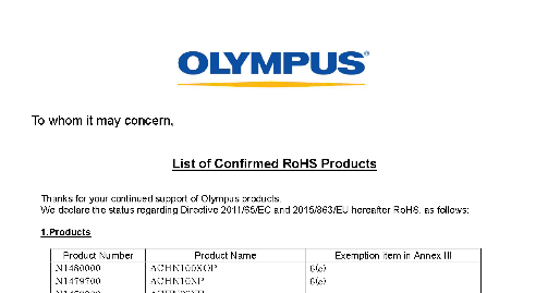 Composants de microscope Olympus conformes à la directive RoHS