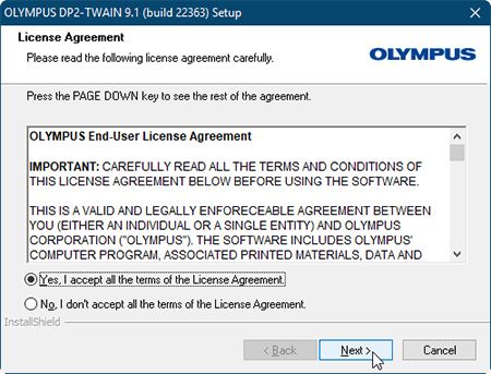 License Agreement will appear. Read the OLYMPUS END-USER LICENSE AGREEMENT. 